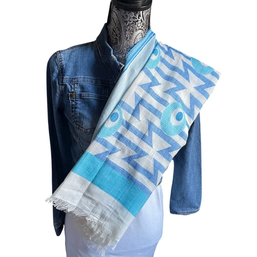 Alliance Peacock Eye Abstract Geometric Scarf Blue White Cotton‎